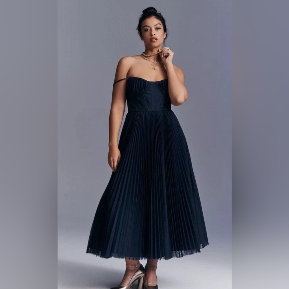 Anthropologie Pleated Sweetheart Dress in Navy Blue